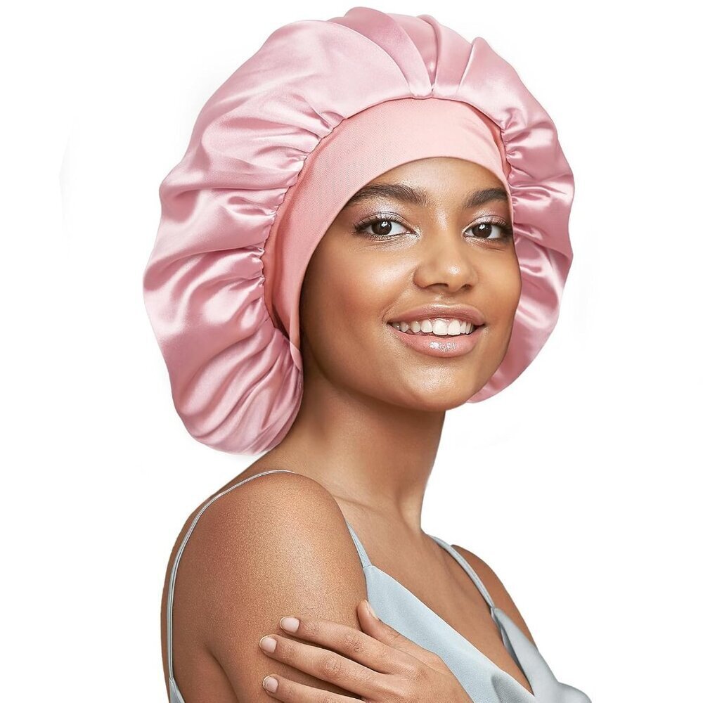 Silk Hair Bonnet Large for Long Hair Double Layer Soft Elastic Pink Sleep Cap